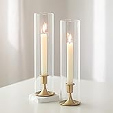 Romadedi Hurricane Candlestick Holders Gold - Taper Candle Holders Tall Clear Glass Cylinder for Wedding Table Centerpieces Party Decor Birthday Christmas Home Decorations Set of 2