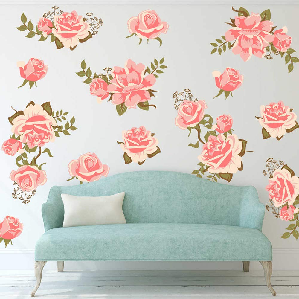 Decalmile Pink Rose Flower Wall Decals Removable Wall Stickers Art Diy Home Decor Bedroom Living Room Decoration