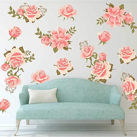 Decalmile Pink Rose Flower Wall Decals Removable Wall Stickers Art Diy Home Decor Bedroom Living Room Decoration
