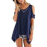 Beluring Womens Cold Shoulder Tops Summer Short Sleeve V Neck Casual Tunic Tee Shirts