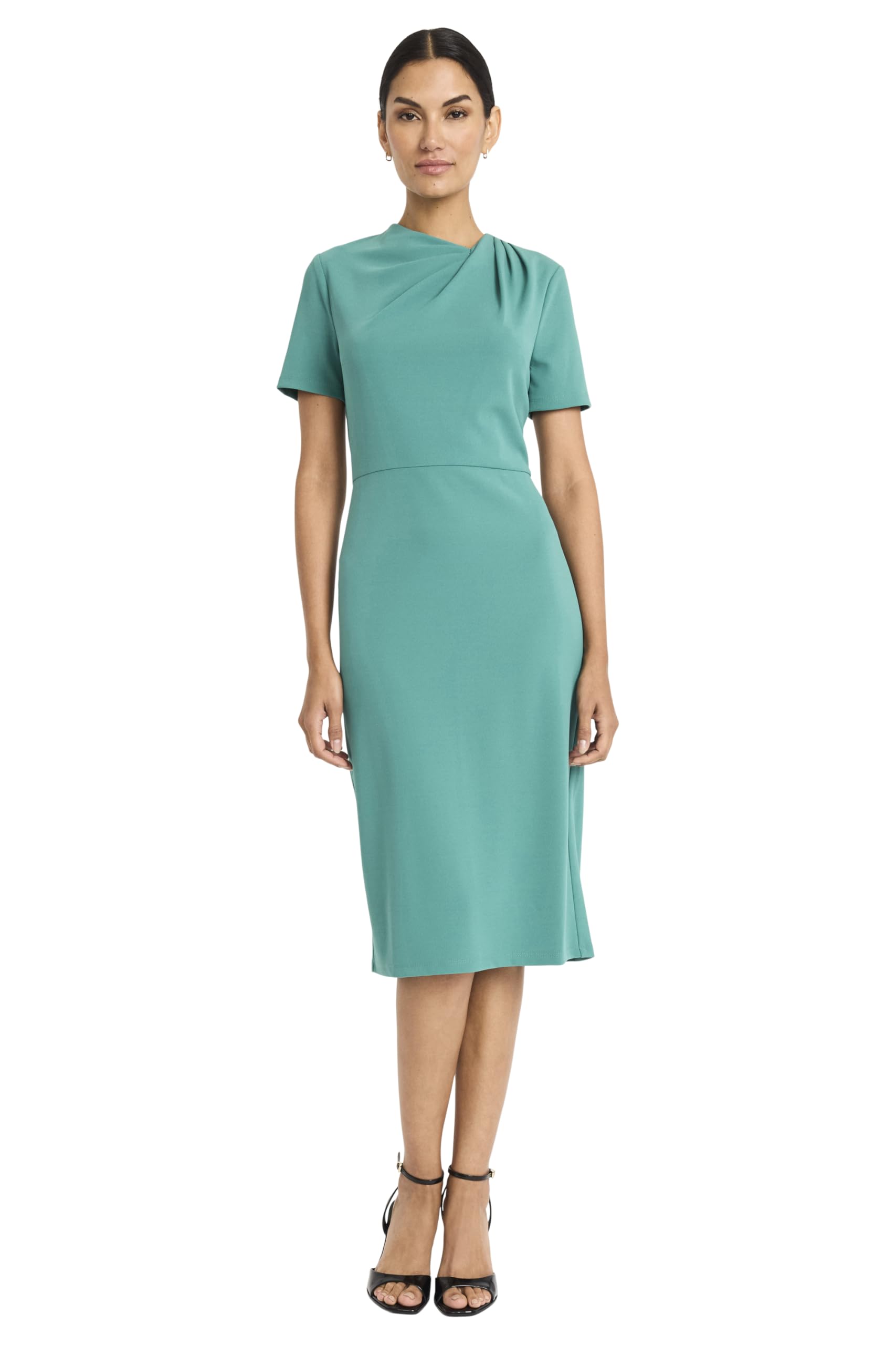 Maggy London Women’s Dresses Chic Asymmetric Crew Neck Short Sleeve Below The Knee Womens Dresses, North Sea, 12