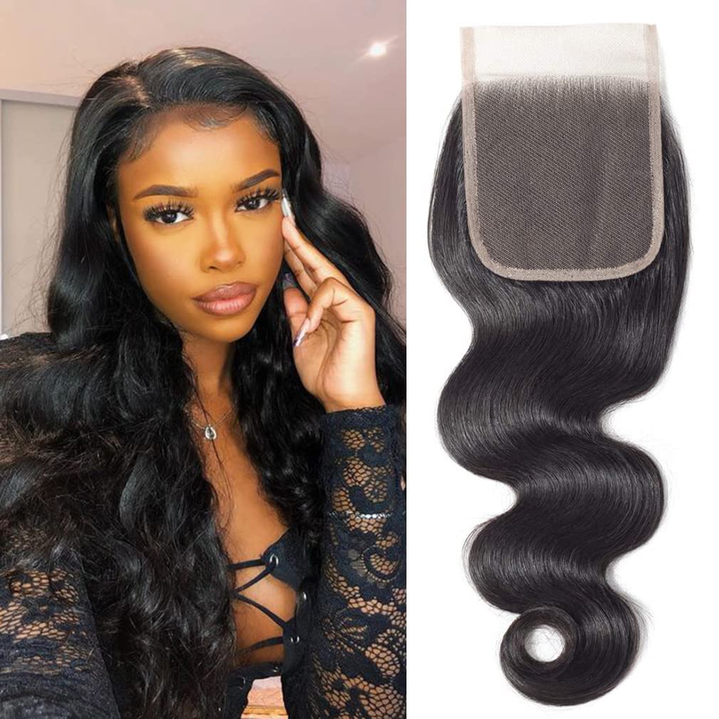 Brazilian Virgin Body Wave Human Hair 4x4 Lace Closure 100% Unprocessed Body Wave Human Hair Transparent Lace Closure Natural Black Color(8Inch, 4x4 Free Part)