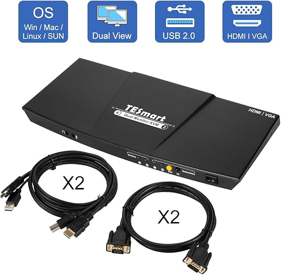 TESmart KVM Switch HDMI VGA Dual Monitor 4K 30 Hz Ultra HD 2 PC In 2