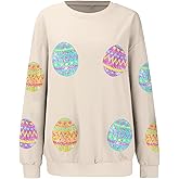 Heevina Sequin Easter Sweatshirts for Women Sequins Rabbit Bunny Egg Printed Tops Shirts Shirt Outfit Crewneck 2026