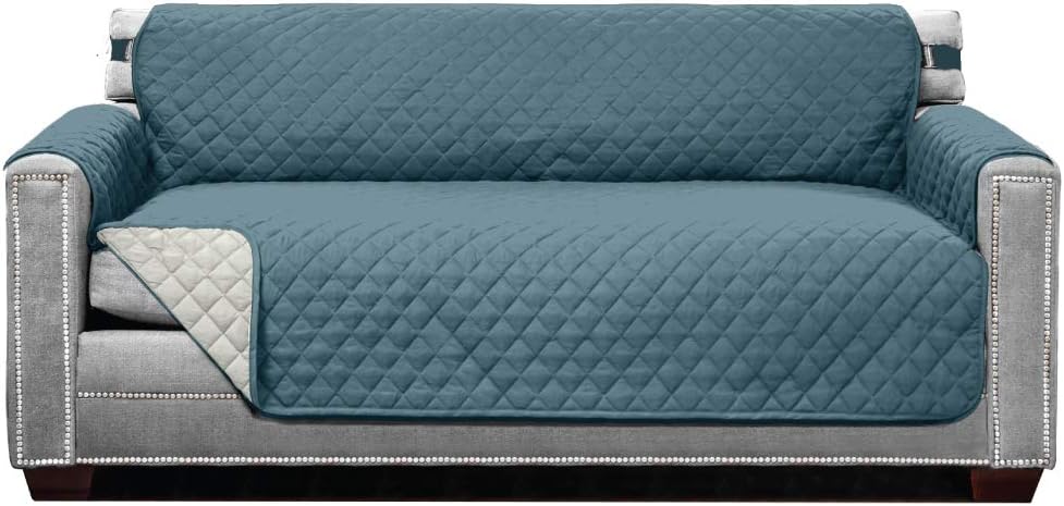 Sofa Shield Patented Couch Cover, Large Furniture Protector with Straps, Reversible Tear and Stain Resistant Slipcovers, Quilted Microfiber 62” Seat, Washable Covers for Dogs, Kids, Seafoam Cream
