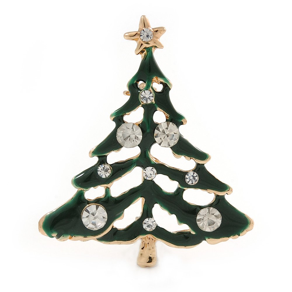 Small Holly Jolly Clear Crystal Dark Green Christmas Tree Brooch In Gold Plating - 45mm L