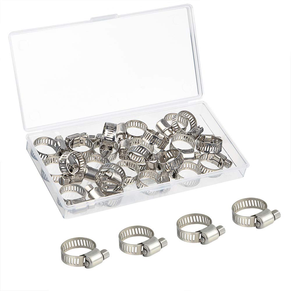 FEPITO 20pcs Hose Clip Clamp 10-16mm Adjustable Stainless Steel Hose Clip Worm Drive Pipes Tube Clamp in PP Box