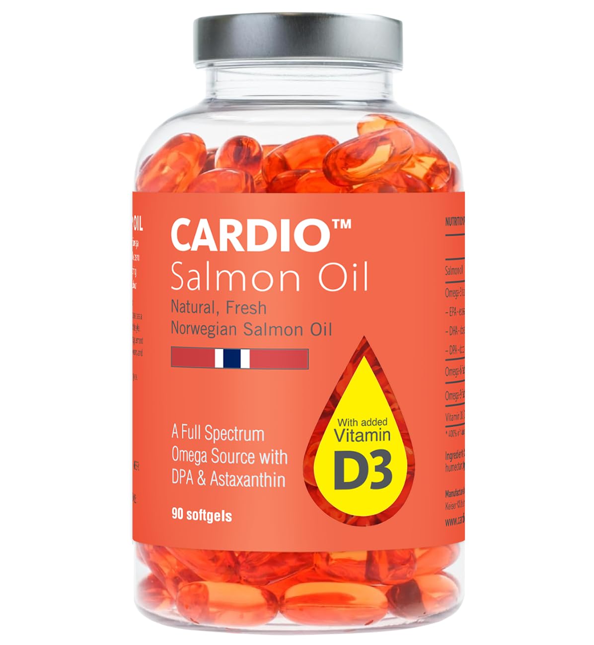Cardio Omega 3 Fish Oil & Vitamin D3-1000mg, Norwegian Salmon Oil with EPA, DHA, DPA & Astaxanthin, No Fishy Aftertaste, Fatty Acids Supplement - 90 Capsules