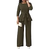 CLOCOR Women's 2 Piece Outfits Suit Set 3/4 Sleeve Peplum Top Flared Pants Sets Business Pantsuits