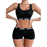 RoseSeek Women's 2 Piece Letter Print Lingerie Set Sleeveless Scoop Neck Sports Bras and Boyshorts Set