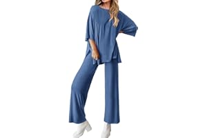 BTFBM Women 2 Piece Outfits Casual Loose Slit Short Sleeve Top Wide Leg Pants Matching Lounge Sets Tracksuit With Pocket