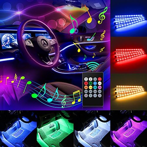 Car LED Strip Light, Komake 4 Pcs 48 LED Multicolor Music Car Interior Lights Underdash Car Mood Lighting Waterproof Kit with Sound Active Function（Wireless Remote Control+Car Charger）,DC 5V