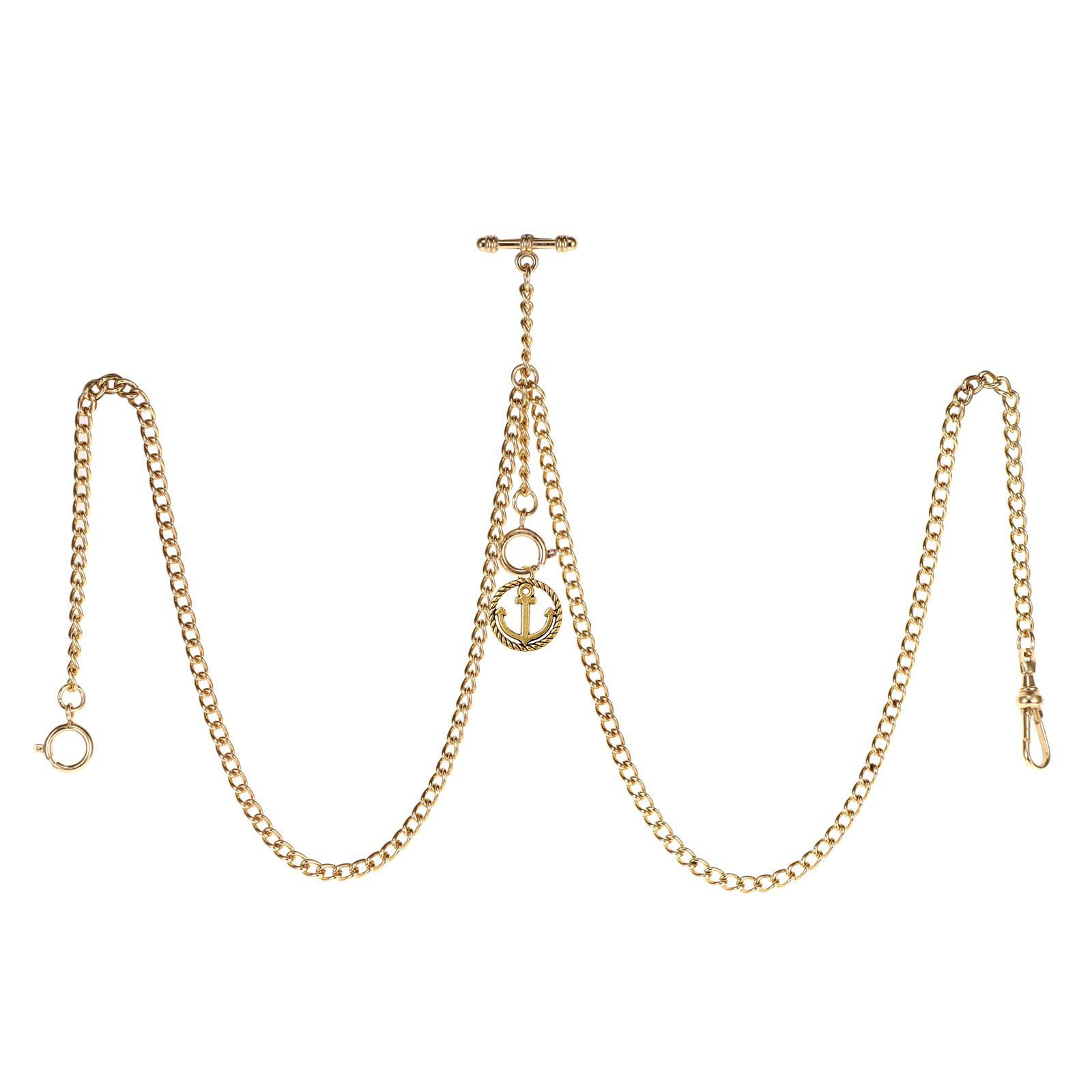 TREEWETO Men's Double Albert Chain Pocket Watch Curb Link Key Chain 3 Hooks with Antique Anchor Pendant Design Charm Fob T Bar