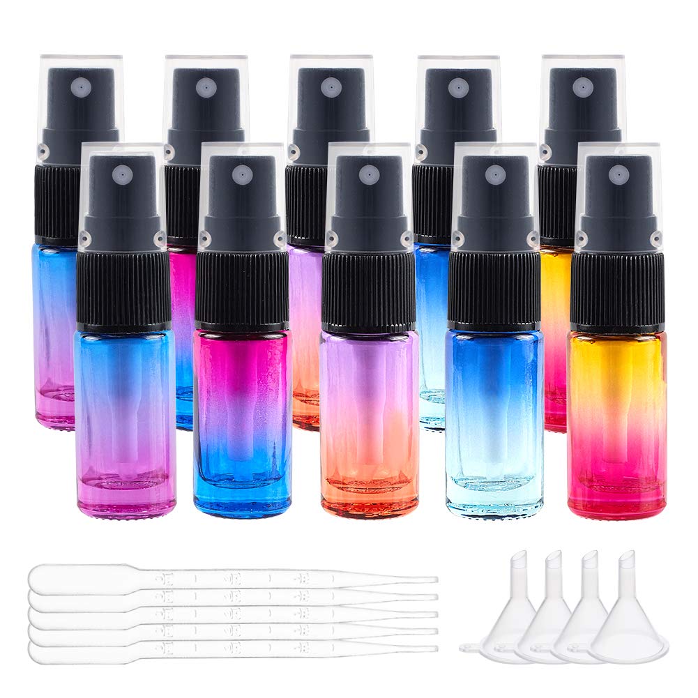 BENECREAT 10 Pack 5ml Gradient Color Glass Spray Bottle with Dust Cap Mini Fine Mist Atomisers with 10PCS droppers and 4PCS Hoppers for Perfume Dispenser Cosmetic Makeup