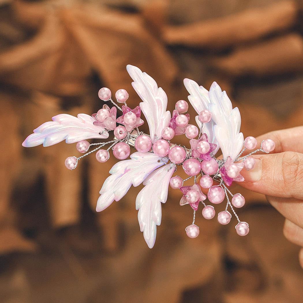 IYOU Mermaids Wedding Hair Clip Purple Pearl Leafs Hair Barrette Bridal Bridesmaid Hair Accessories for Women