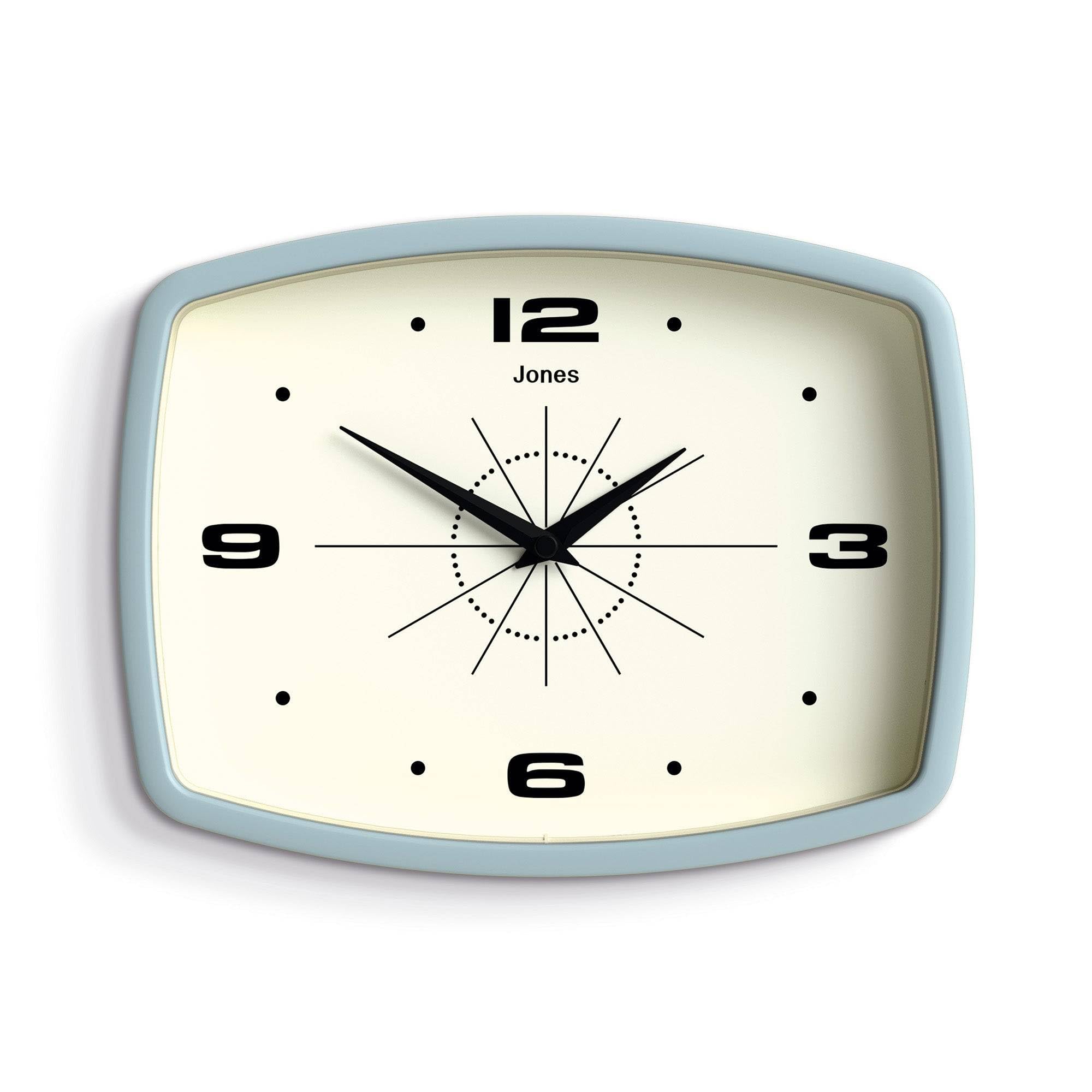 Jones Clocks® Movie wall clock | Retro rectangular clock | 25cm | Pale blue | Cool mid-century designer look for kitchen, living room or office