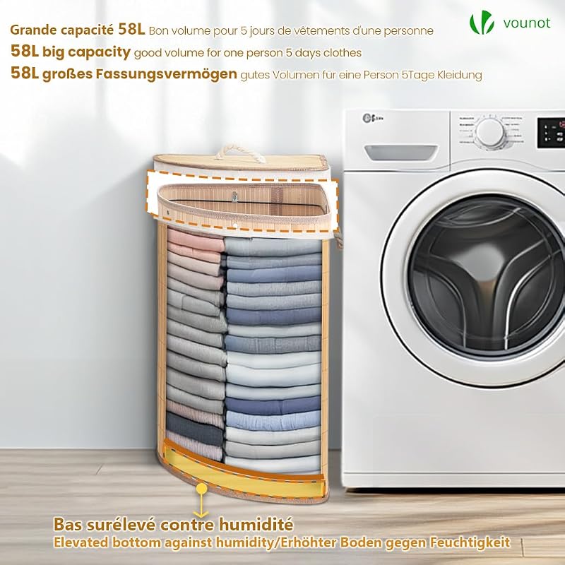 ® Cesto Portabiancheria Angolare in Bambù 58L, Cesto Pieghevole per Panni Sporchi con Coperchio, Manici e 2 Borse Rimovibili, per Bagno, Lavanderia e Camera da Letto, Naturale