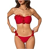 MakeMeChic Women's 3D Flower Bikini Set Strapless Bandeau Tie Back Thong Bathing Suit