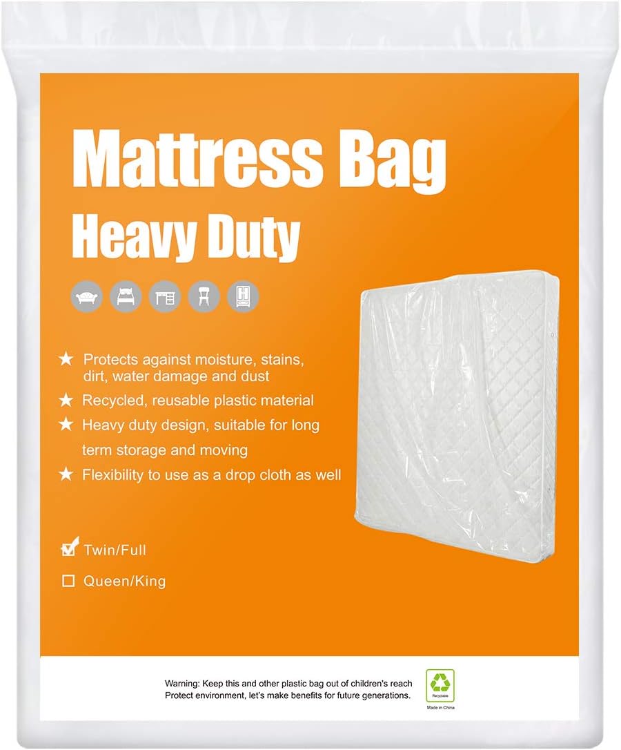 BYSURE 2-Pack 6 Mil Twin/Full Mattress Bags for Moving & Long Term Storage, Extra Thick & Reusable Mattress Cover