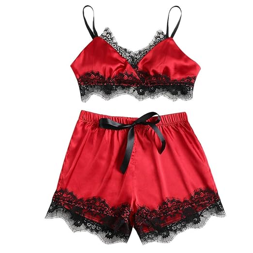 Bealeuy Reizwäsche Damen Womens Plus Size Wimpern Dessous V-Ausschnitt Spitze Details Pyjama Set Lose Bequem Mehrere Farben M