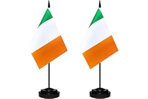 BCLIN Ireland Desk Flag Set, 2 Pack Irish Table Office Flags, Small Mini Desktop Flag With 12" Solid Black Pole, Black Base, Miniature Desktop Flag