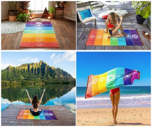 CHIC DIARY Beach Towel Blanket Rainbow Chakra Tapestry Stripes Yoga Mat Bath Pool Scarf with Tassels