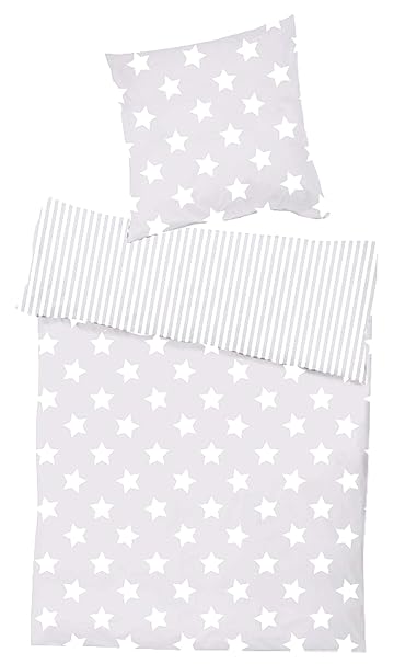 Home Edition Kuschelige Supersoft Nicky Wende-Bettwäsche Stars Stripes Hellgrau Natur 135x200 + 80x80