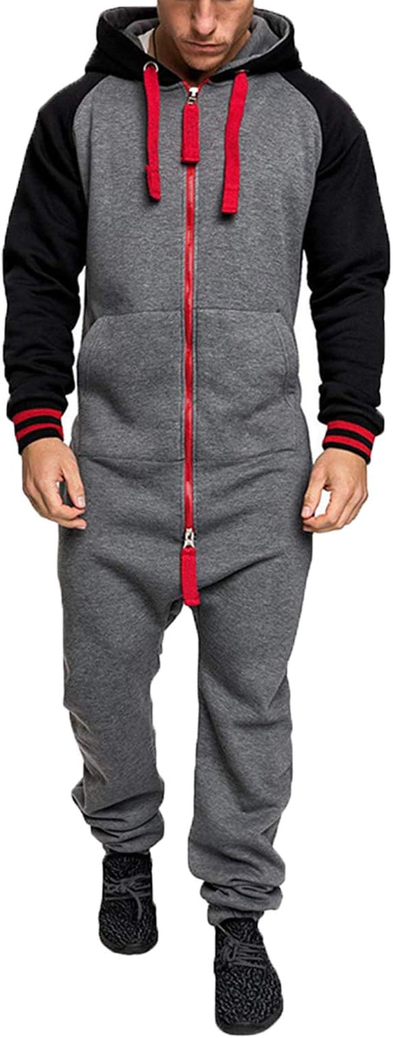 Men Hoodie Onesie Jumpsuit, Long Sleeve Patchwork Overall Zip Up Romper Playsuit