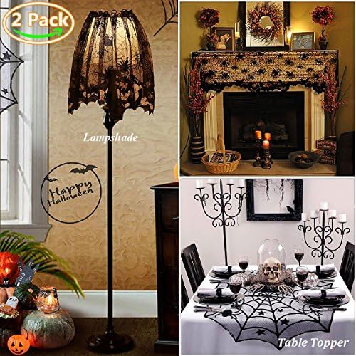 40 inch Halloween Decoration Black Spider Lace Table Topper, 60x20inch Black Bats Spiders Web Fireplace Mantle Lampshade Scarf Cover for Parties Décor Dinners, Pack of 2
