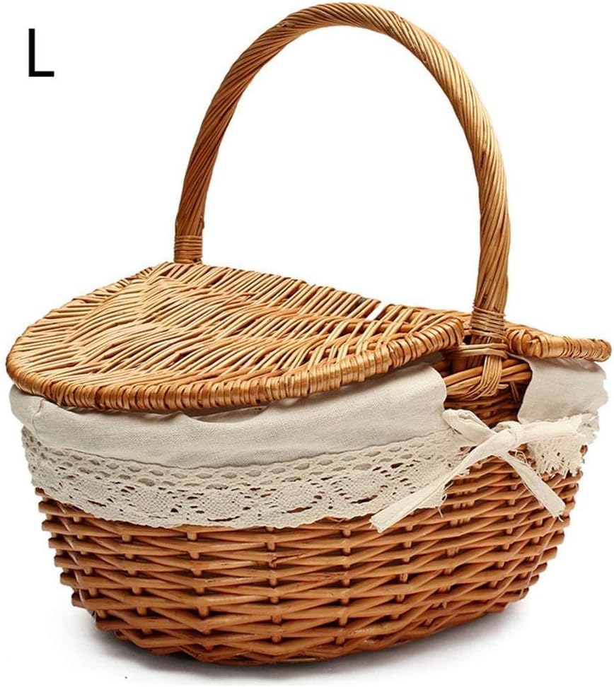 Flyinghedwig Handmade Wicker Basket with Handle, Wicker Camping Picnic Basket with Double Lids, Shopping Storage Hamper Basket with Cream Lining, Two Colors (Wooden, Large)