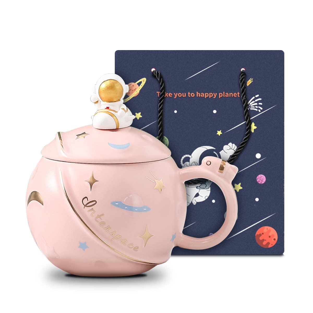 Funny Gift Mugs for Woman, 450ml/15oz Cute Astronaut Mug with Lid and Spoon, Kawaii Cup Novelty Mug for Coffee, Tea and Milk, Mug Gift (Pink)