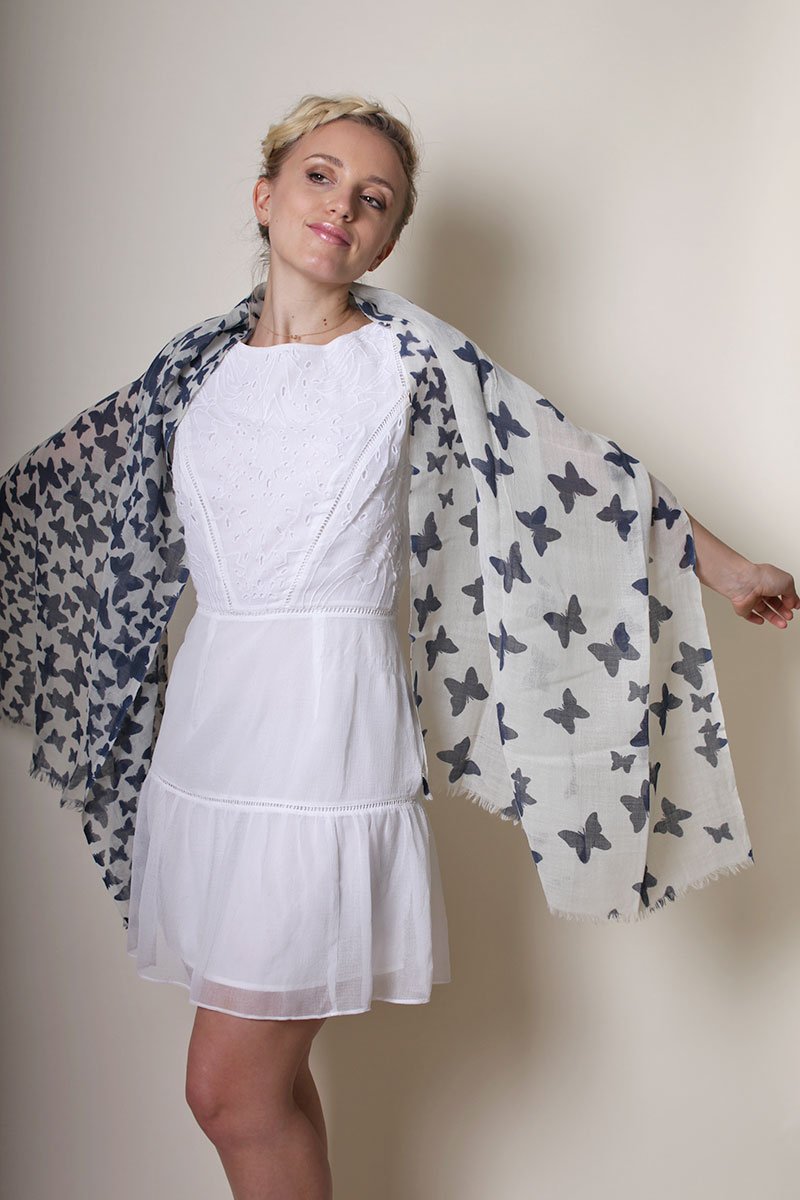 Anika Dali Women's Fabulous Butterfly Scarf in Soft Wool (Navy Blue Print) Anika Dali Women's Fabulous Butterfly Scarf in Soft Wool (Navy Blue Print)