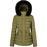 BodiLove Women's Winter Quilted Puffer Long Coat Jacket Plus Size with Removable Faux Fur Hood and Zipper Light Olive 1X