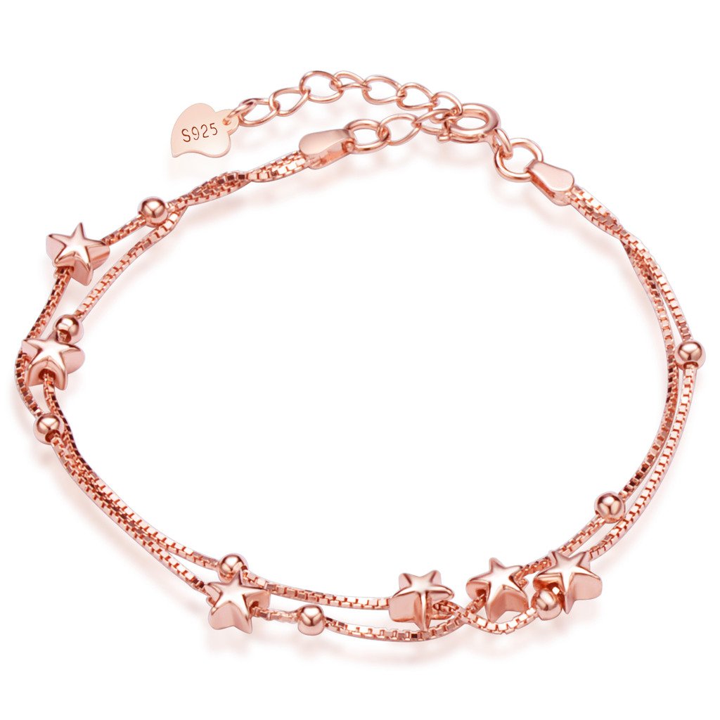 Infinite U Lovely Stars Beads Womens Link Charm Bracelet 925 Sterling Silver Double Strands Chains with Extension, Rose Gold