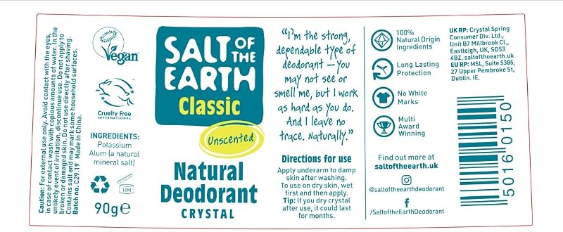 Salt of the Earth Classic Natural Deodorant 90g Pack of 2 Vegan Long Lasting