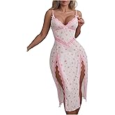 Verdusa Women's 2 Piece Lace Floral Babydoll Nightgown Thigh Slit Sleeveless Chemise Dress with Thong