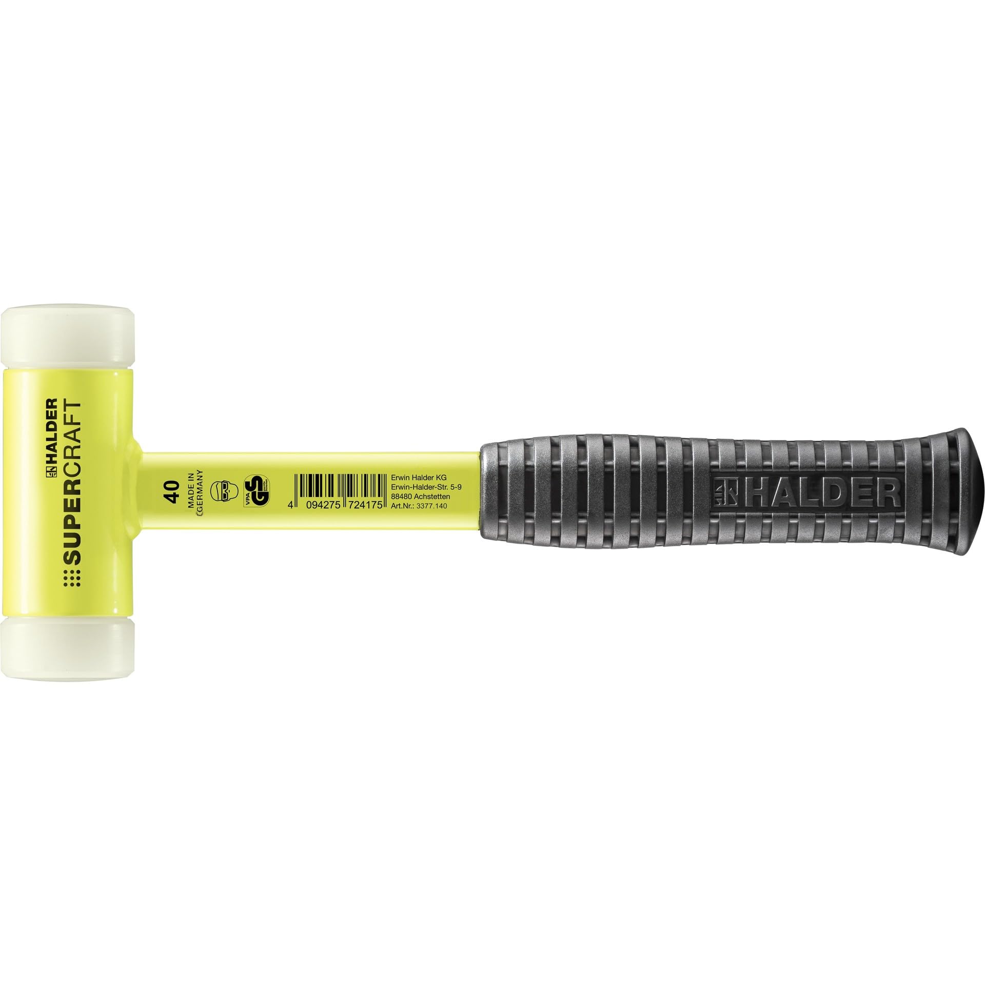 Halder 3377140 Mallet with Break-Proof Steel Tube Handle, Yellow, 40 mm