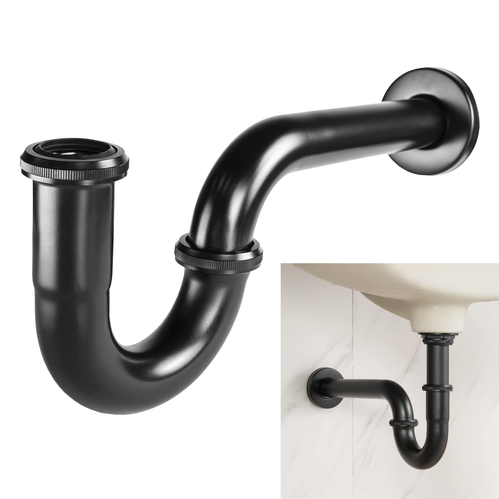 Photo 1 of JEAPHA Stainless Steel P-Trap - 1 1/4 Inch Bathroom Basin Sink Waste Trap with Reducing Washer, Matte Black