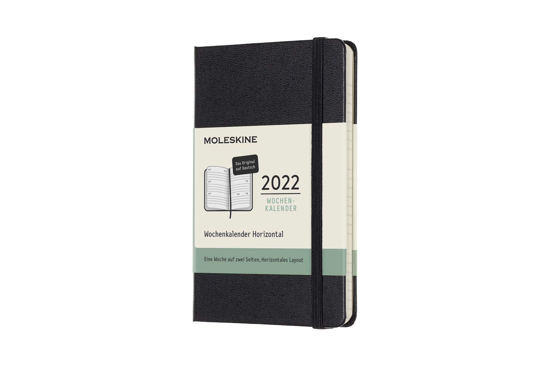 Moleskine 12 Monate Wochenkalender Deutsch 2022, Pocket/A6, 1 Wo = 2 Seiten, Horizontal, Gebunden, Schwarz