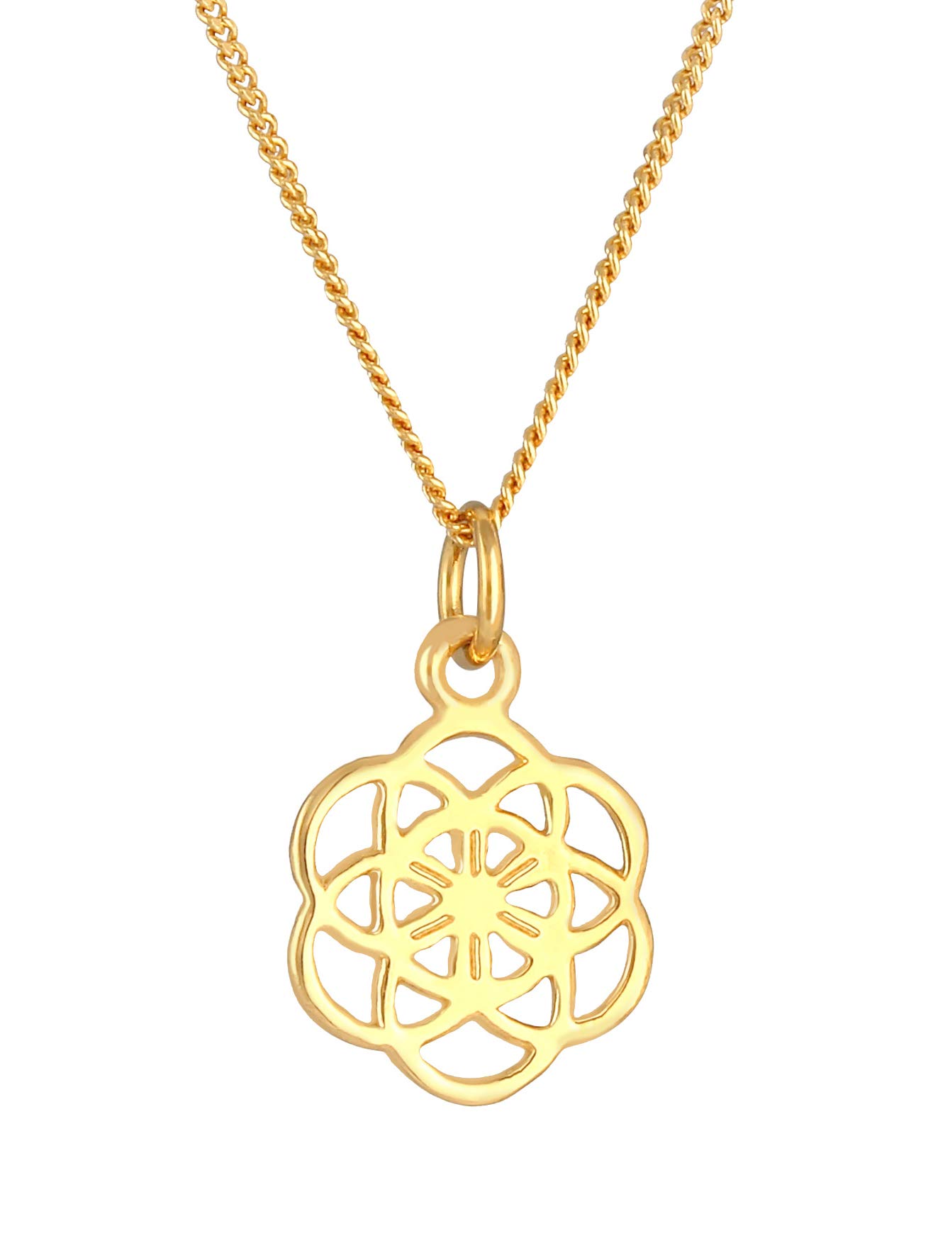 Women's Necklace with Symbol Pendant Flower of Life (12 mm), Curb Chain in Boho Style Made of 925 Sterling Silver Gold Plated, Golden Chain with Ornament Flower of Life