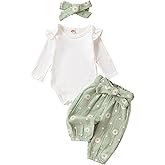 Kaipiclos Newborn Infant Girl Clothes Rib Knit Romper Daisy Print Pants Headband Baby Clothes for Girls 0 3 6 12 18 24 Months