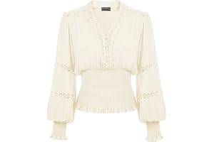 Scarlet Darkness Women's Renaissance Peasant Blouse V Neck Lantern Sleeve Lace Smocked Tops