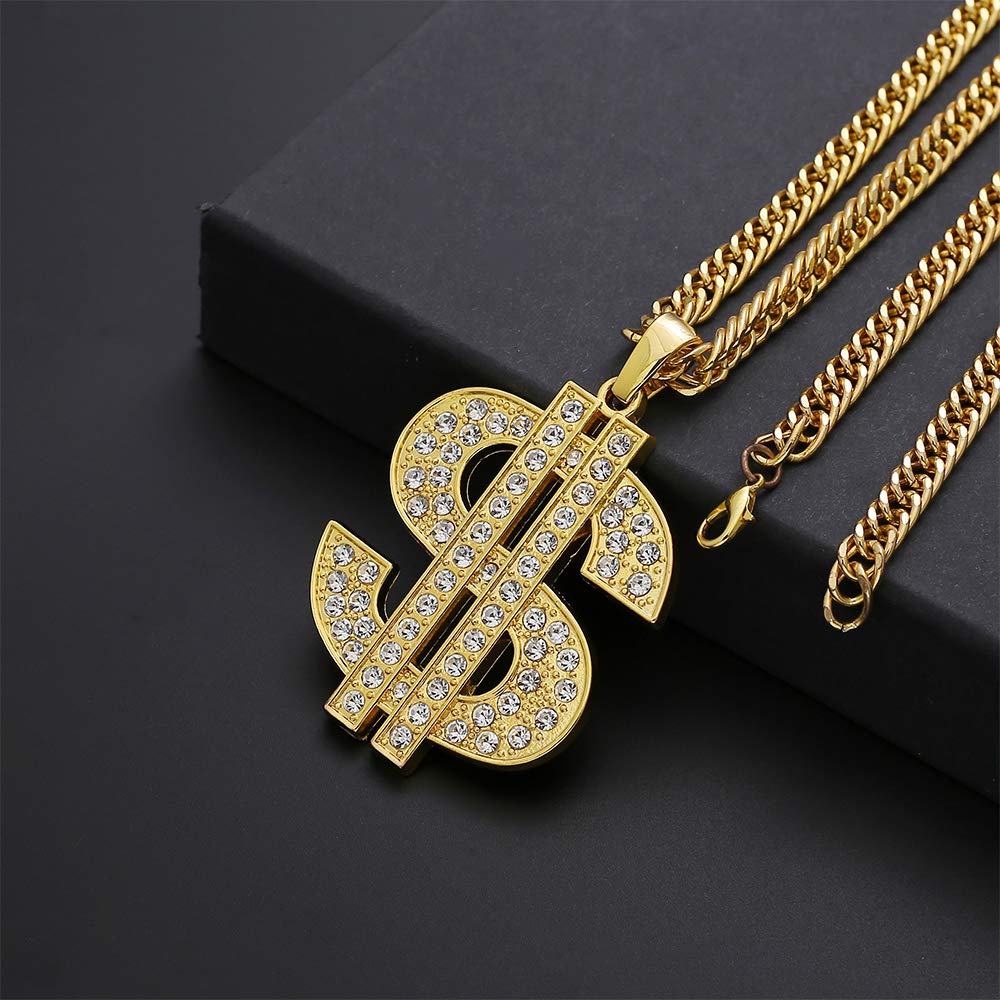 UEJUNBO Gold Chain with Dollar Sign Big Money Necklaces for Men Women,Stainless Steel Iced Out Rhinestone Jewelry,Fashion Pendants with 28 Inches Chain