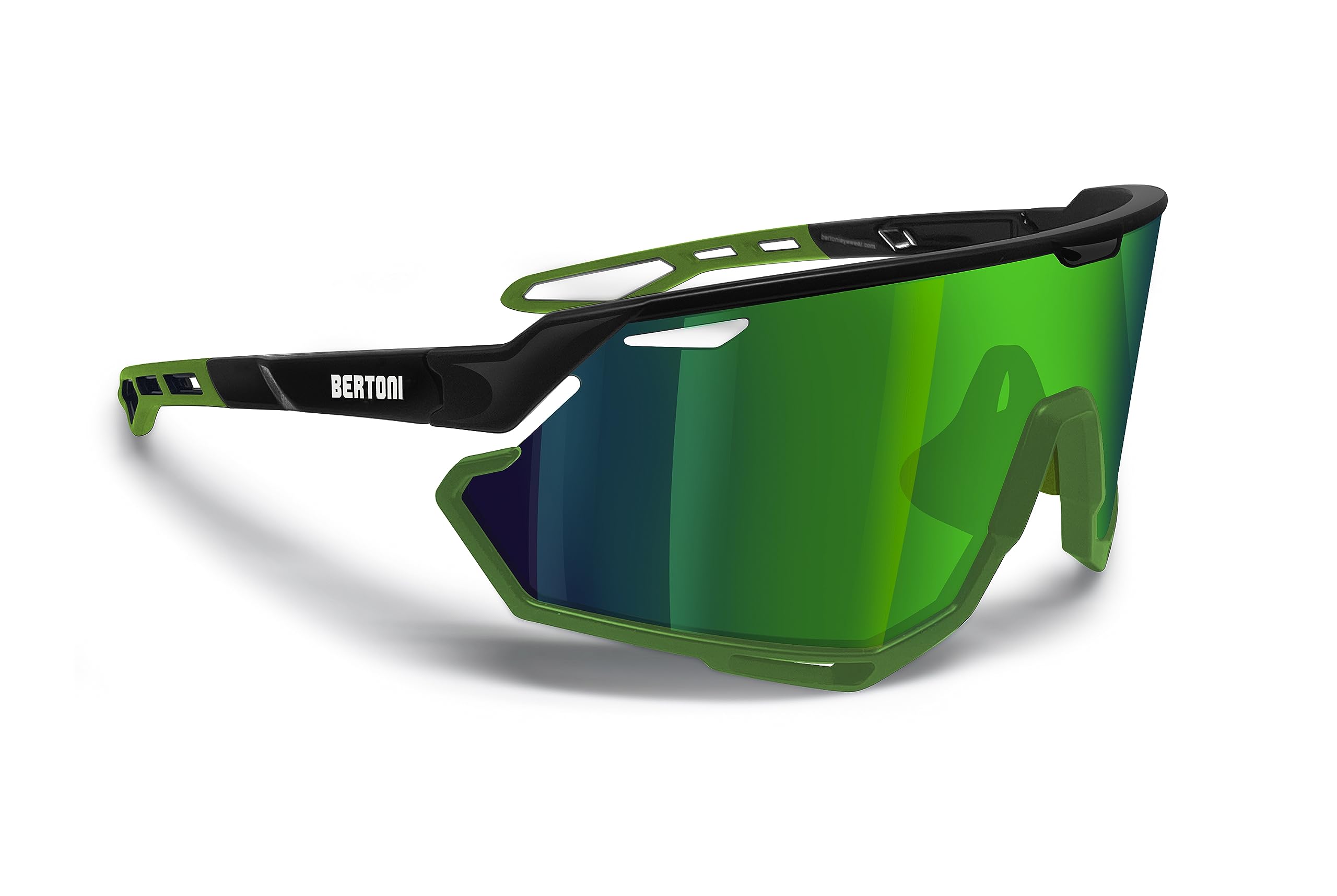 BERTONI Sport Cycling MTB Running Sunglasses for Men Women in TR90 100% UV Block mod. ALPHA (Shiny Black/Matt Green – Green Mirror Lens)