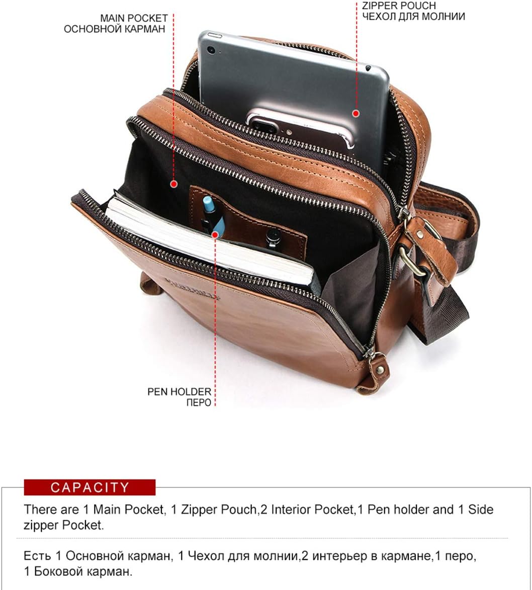 CONTACTS Genuine Leather Mens Shoulder Bag Small Messenger Vintage CrossBody Bag Travel Handbag Brown - Image 4