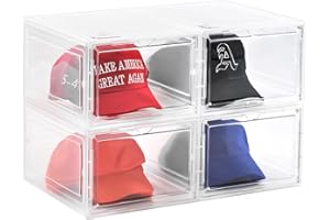 beehomay Hat Organizer Box,Stackable Clear Baseball Caps Holder Box Containers with Magnetic Door for Hats Snapback Cap Storage,Clear Hat Storage with Magnetic Door, Holds 40 Hats (clear, 4 pack)