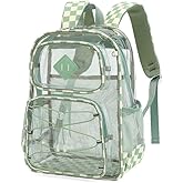 Clear Backpacks for Girls Women, Heavy Duty PVC Transparent Back Pack See Through Boys Kids Clear Bookbags for School Checkered Green