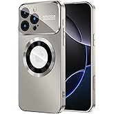 MAKAVO Magnetic for iPhone 16 Pro Max Case, Compatible with MagSafe, Built-in Camera Lens Protector, Logo View, Military Grade Drop Protection Phone Cover, Titanium Gray