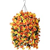 INQCMY Artificial Hanging Flowers Basket for Spring Summer Outdoor Decor,Faux Silk Begonia in Planter Look Real UV Resistant for Porch Home Patio Garden Yard Decoration