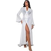 OYOANGLE Women's Ruffle Trim Long Sleeve Belted Sheer Mesh Wedding Bride Robe Nightgown